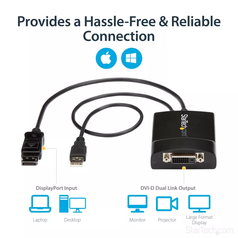 StarTech.com DisplayPort uz DVI Dual Link aktīvais adapteris - DisplayPort uz DVI-D adaptera video pārveidotājs 2560x1600 60Hz - DP 1.2 uz DVI monitoru - ar USB barošanu - ar fiksējošu DP savienotāju