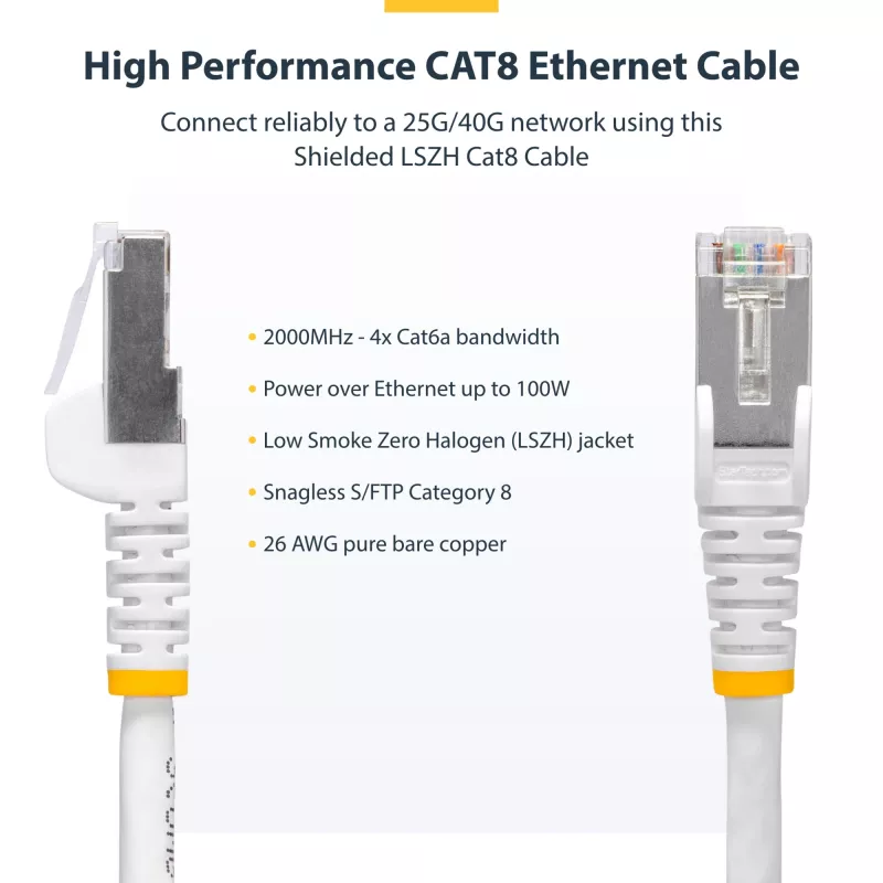 StarTech.com 2 m balts CAT8 Ethernet kabelis, bez aizķeršanās RJ45, 25G/40G, 2000 MHz, 100 W PoE++, S/FTP, 26 AWG tīra vara stieple, LSZH, ekranēts tīkla ielāpu vads ar sprieguma samazināšanu, individuāli testēts