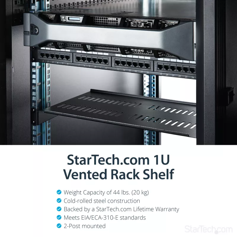 StarTech.com 1U servera plaukta plaukts - universāla ventilējama statīva konsoles paplāte 19 collu tīkla iekārtu statīvam un skapim - izturīgs tērauds - kravnesība 44 mārciņas/20 kg - 10 collu dziļš plaukts, melns