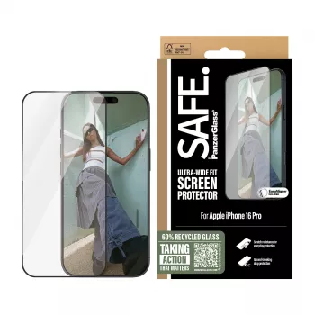 PanzerGlass SAFE. by ® ekrāna aizsargs ar melnu rāmi iPhone 16 Pro | Īpaši plata piegulšanās