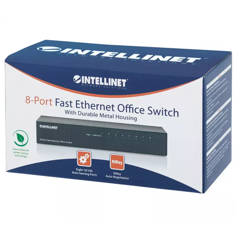 Intellinet 8 portu Fast Ethernet biroja slēdzis, galda izmērs, metāls, IEEE 802.3az (energoefektīvs Ethernet), kaste