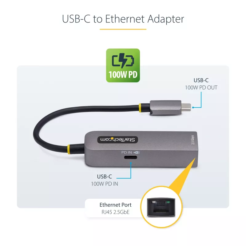 StarTech.com 2.5GbE USB-C uz Ethernet adapteris, 100 W PD caurlaide, NBASE-T NIC, USB 3.0 Type-C 2.5/1G vairāku ātrumu tīkls, saderīgs ar Thunderbolt, Windows un Mac