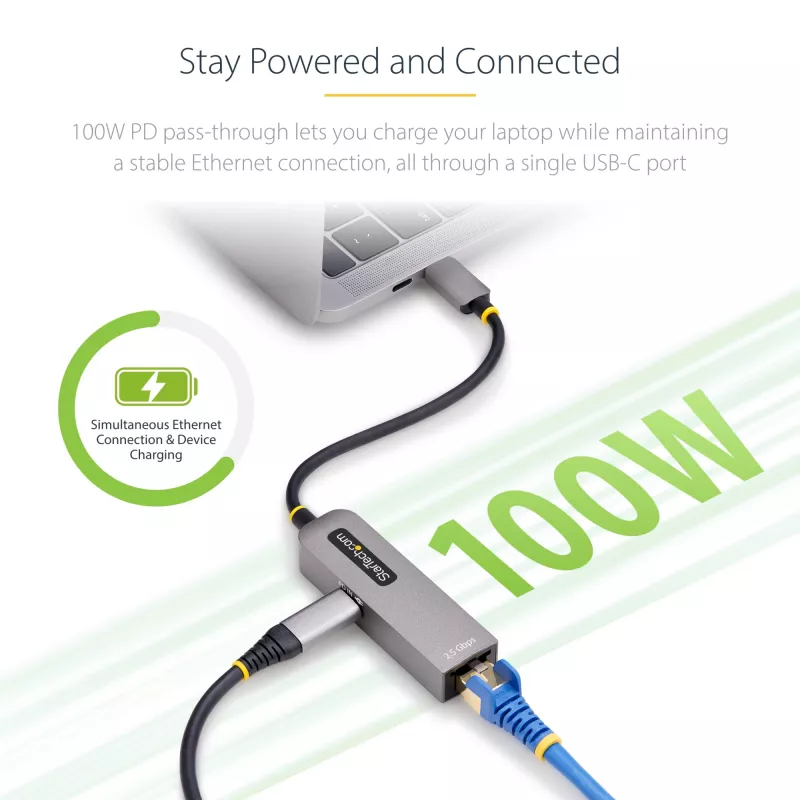 StarTech.com 2.5GbE USB-C uz Ethernet adapteris, 100 W PD caurlaide, NBASE-T NIC, USB 3.0 Type-C 2.5/1G vairāku ātrumu tīkls, saderīgs ar Thunderbolt, Windows un Mac