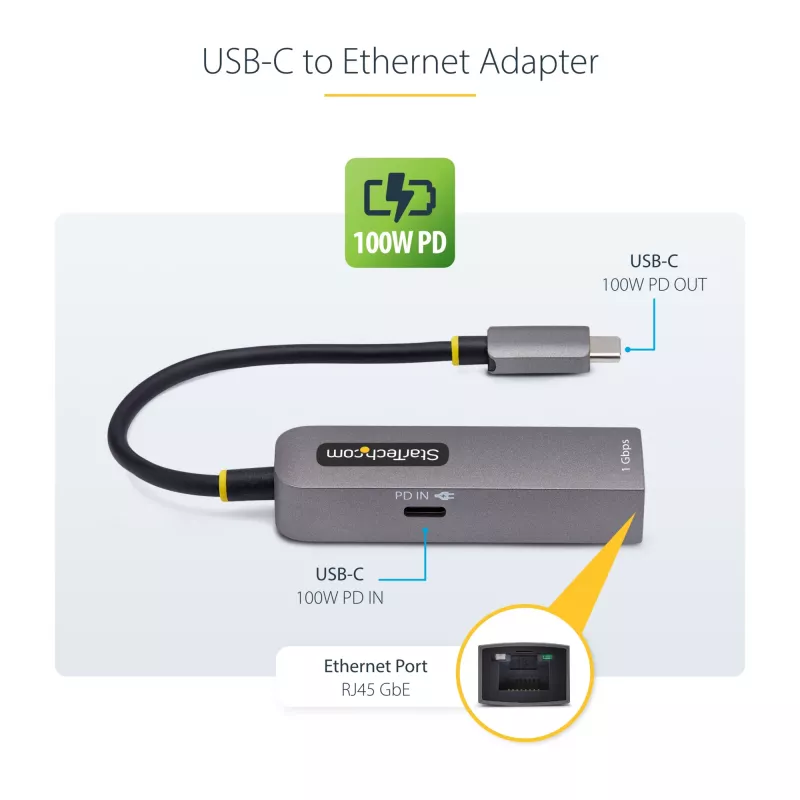 StarTech.com USB-C uz Ethernet adapteris, NIC, 100W PD caurlaide, USB 3.0 Type-C 1Gbps vairāku ātrumu tīkla adapteris, Thunderbolt saderīgs, Windows un Mac