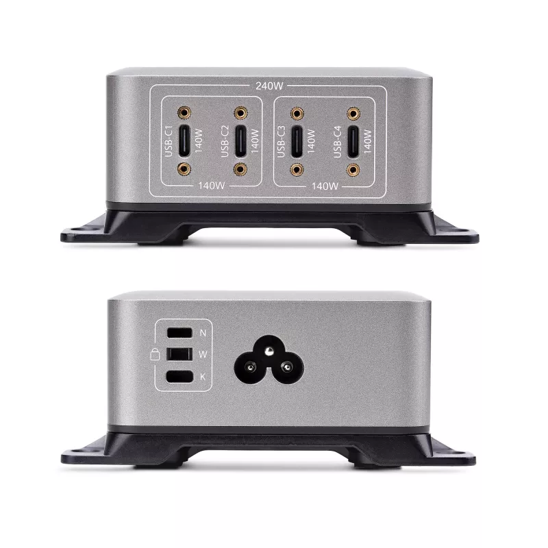 StarTech.com 4 portu vairāku ierīču USB-C lādētājs, 240 W kopējā jauda, viens ports 140 W EPR, PD 3.1, pieskrūvējamie porti, konferenču telpām, iekavās iekļauts stiprinājums virsmas montāžai