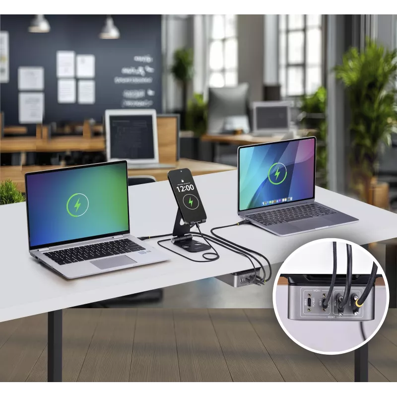 StarTech.com 4 portu vairāku ierīču USB-C lādētājs, 240 W kopējā jauda, viens ports 140 W EPR, PD 3.1, pieskrūvējamie porti, konferenču telpām, iekavās iekļauts stiprinājums virsmas montāžai