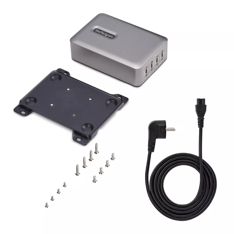 StarTech.com 4 portu vairāku ierīču USB-C lādētājs, 240 W kopējā jauda, viens ports 140 W EPR, PD 3.1, pieskrūvējamie porti, konferenču telpām, iekavās iekļauts stiprinājums virsmas montāžai