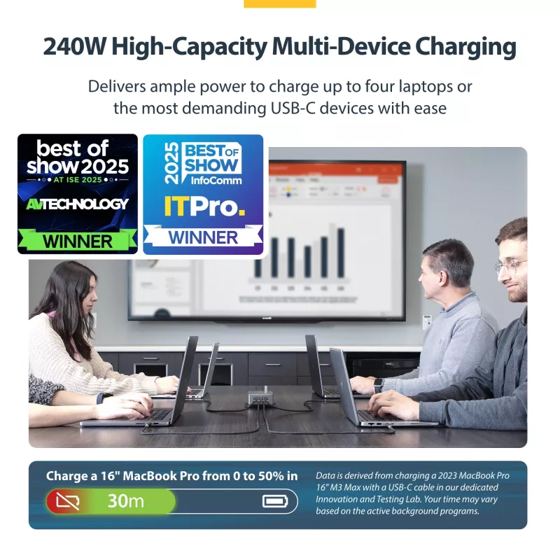 StarTech.com 4 portu vairāku ierīču USB-C lādētājs, 240 W kopējā jauda, viens ports 140 W EPR, PD 3.1, pieskrūvējamie porti, konferenču telpām, iekavās iekļauts stiprinājums virsmas montāžai