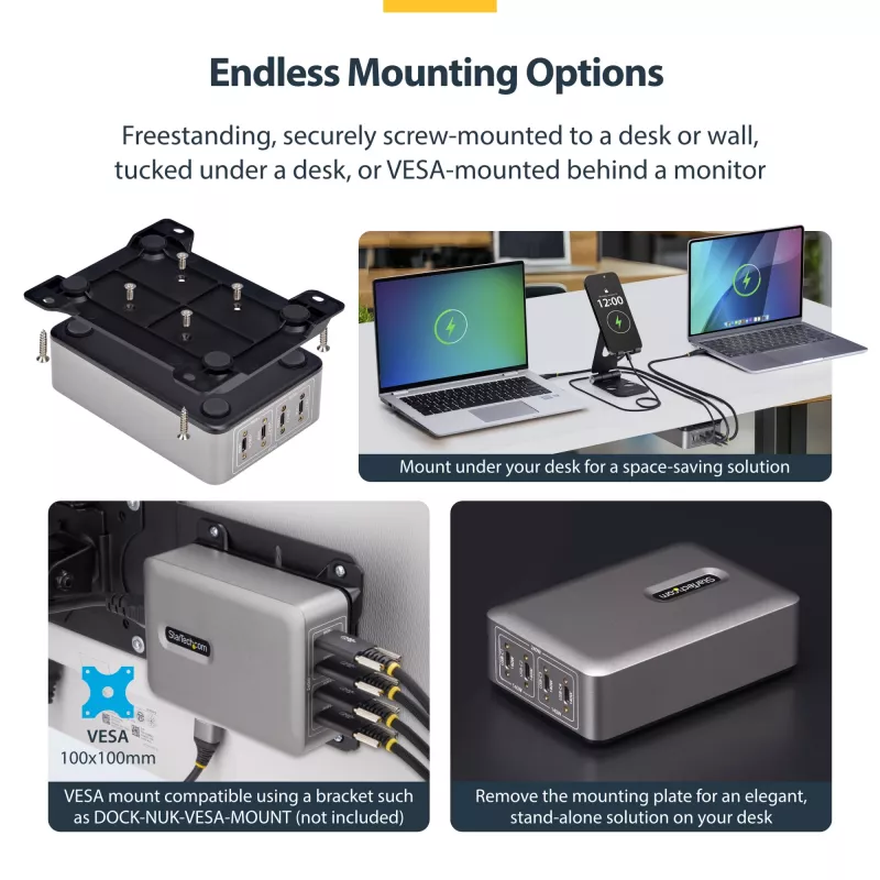 StarTech.com 4 portu vairāku ierīču USB-C lādētājs, 240 W kopējā jauda, viens ports 140 W EPR, PD 3.1, pieskrūvējamie porti, konferenču telpām, iekavās iekļauts stiprinājums virsmas montāžai