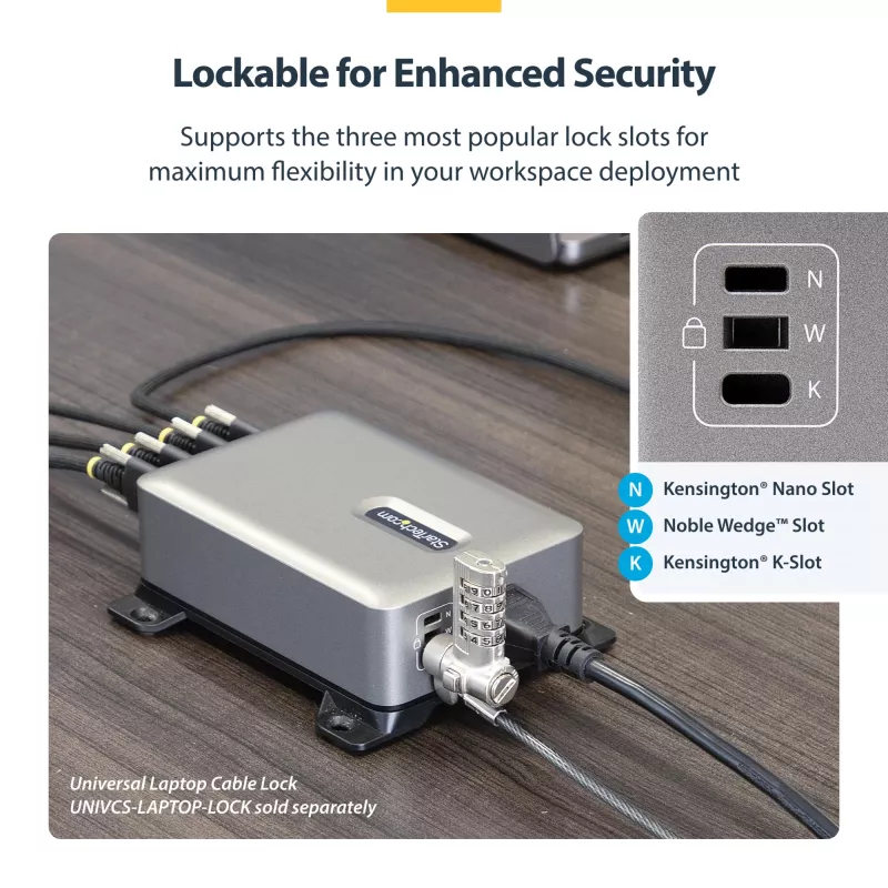 StarTech.com 4 portu vairāku ierīču USB-C lādētājs, 240 W kopējā jauda, viens ports 140 W EPR, PD 3.1, pieskrūvējamie porti, konferenču telpām, iekavās iekļauts stiprinājums virsmas montāžai