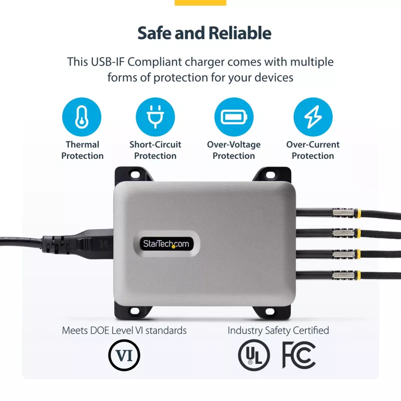 StarTech.com 4 portu vairāku ierīču USB-C lādētājs, 240 W kopējā jauda, viens ports 140 W EPR, PD 3.1, pieskrūvējamie porti, konferenču telpām, iekavās iekļauts stiprinājums virsmas montāžai