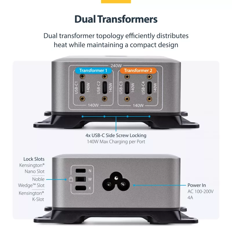 StarTech.com 4 portu vairāku ierīču USB-C lādētājs, 240 W kopējā jauda, viens ports 140 W EPR, PD 3.1, pieskrūvējamie porti, konferenču telpām, iekavās iekļauts stiprinājums virsmas montāžai
