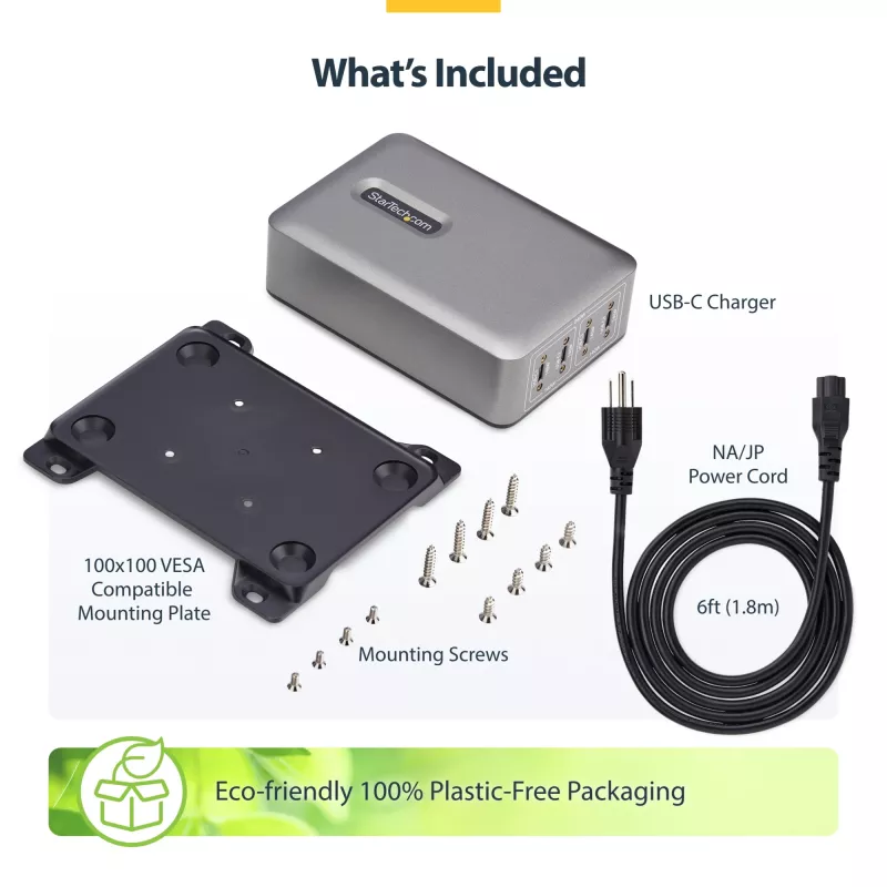 StarTech.com 4 portu vairāku ierīču USB-C lādētājs, 240 W kopējā jauda, viens ports 140 W EPR, PD 3.1, pieskrūvējamie porti, konferenču telpām, iekavās iekļauts stiprinājums virsmas montāžai