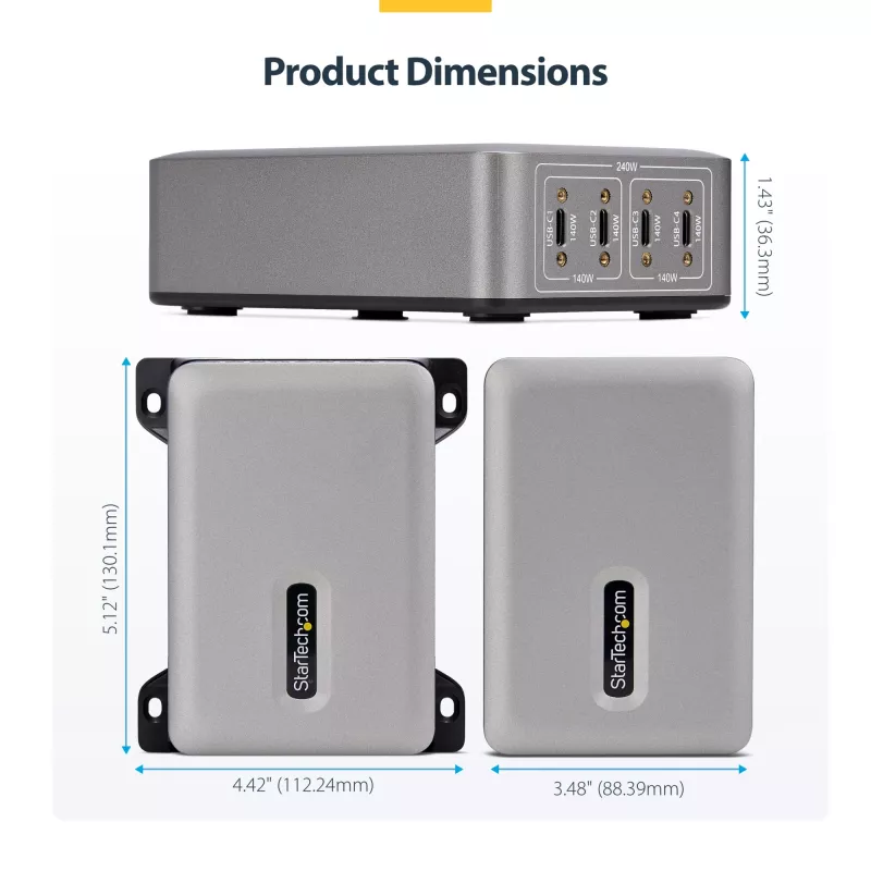 StarTech.com 4 portu vairāku ierīču USB-C lādētājs, 240 W kopējā jauda, viens ports 140 W EPR, PD 3.1, pieskrūvējamie porti, konferenču telpām, iekavās iekļauts stiprinājums virsmas montāžai