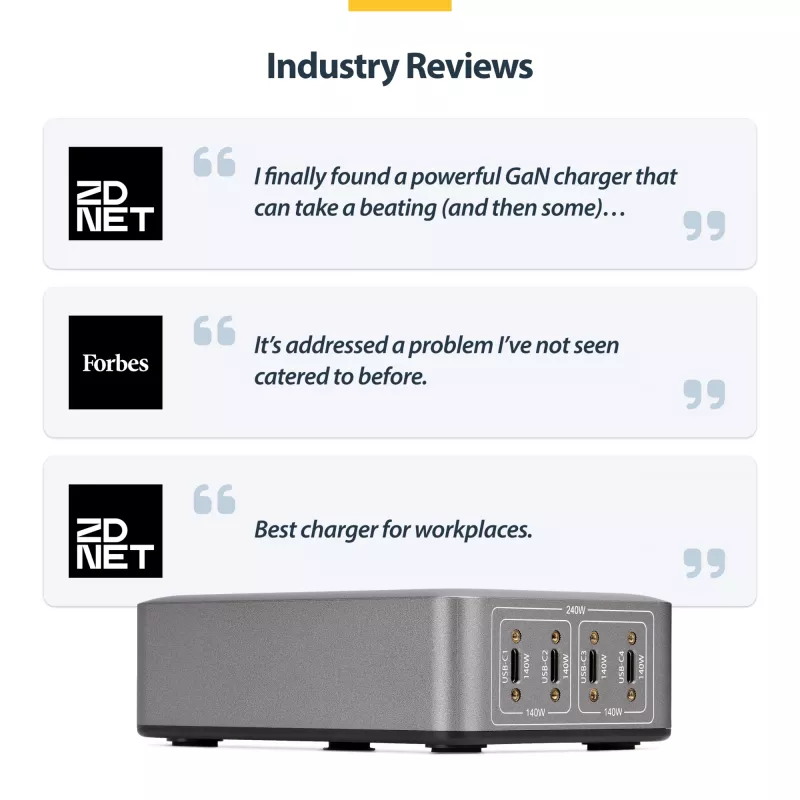 StarTech.com 4 portu vairāku ierīču USB-C lādētājs, 240 W kopējā jauda, viens ports 140 W EPR, PD 3.1, pieskrūvējamie porti, konferenču telpām, iekavās iekļauts stiprinājums virsmas montāžai