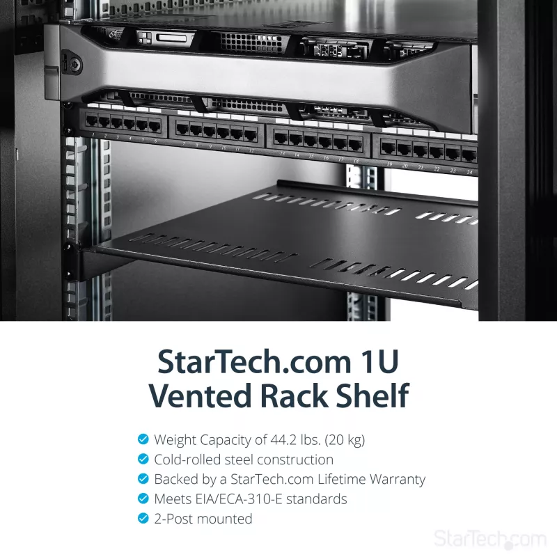 StarTech.com 1U servera plaukts – universāla ventilējama plaukta konsole 19 collu tīkla iekārtu plauktam un skapim – izturīgs tērauds – kravnesība 44 mārciņas/20 kg – 16 collu dziļš plaukts, melns