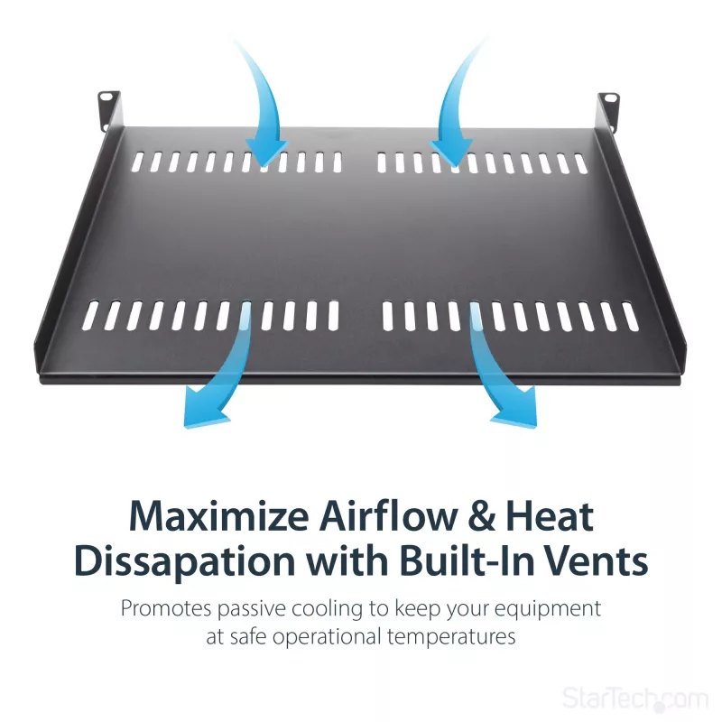 StarTech.com 1U servera plaukts – universāla ventilējama plaukta konsole 19 collu tīkla iekārtu plauktam un skapim – izturīgs tērauds – kravnesība 44 mārciņas/20 kg – 16 collu dziļš plaukts, melns