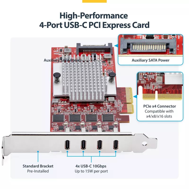 StarTech.com 4 portu USB Type-C PCIe karte, USB 3.2 10Gbps, USB-C PCI Express paplašināšanas karte, 4x neatkarīgi USB kontrolleri, Windows/Linux/macOS, TAA atbilstoša