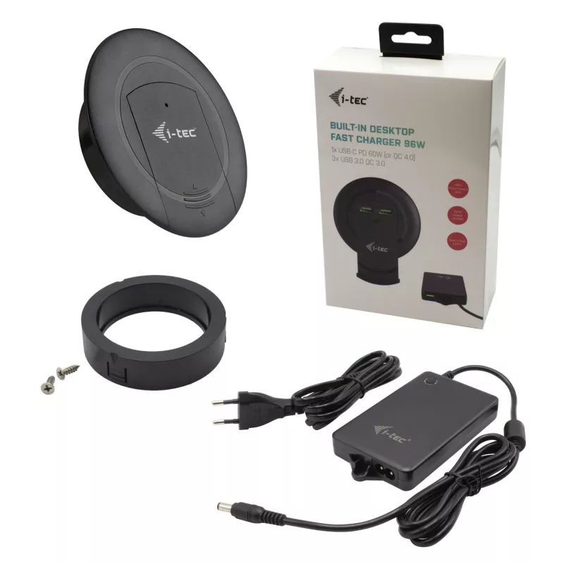 Lādētājs i-tec iebūvējams galda ātrais lādētājs USB-C PD 3.0 + 3x USB 3.0 QC3.0 96 W