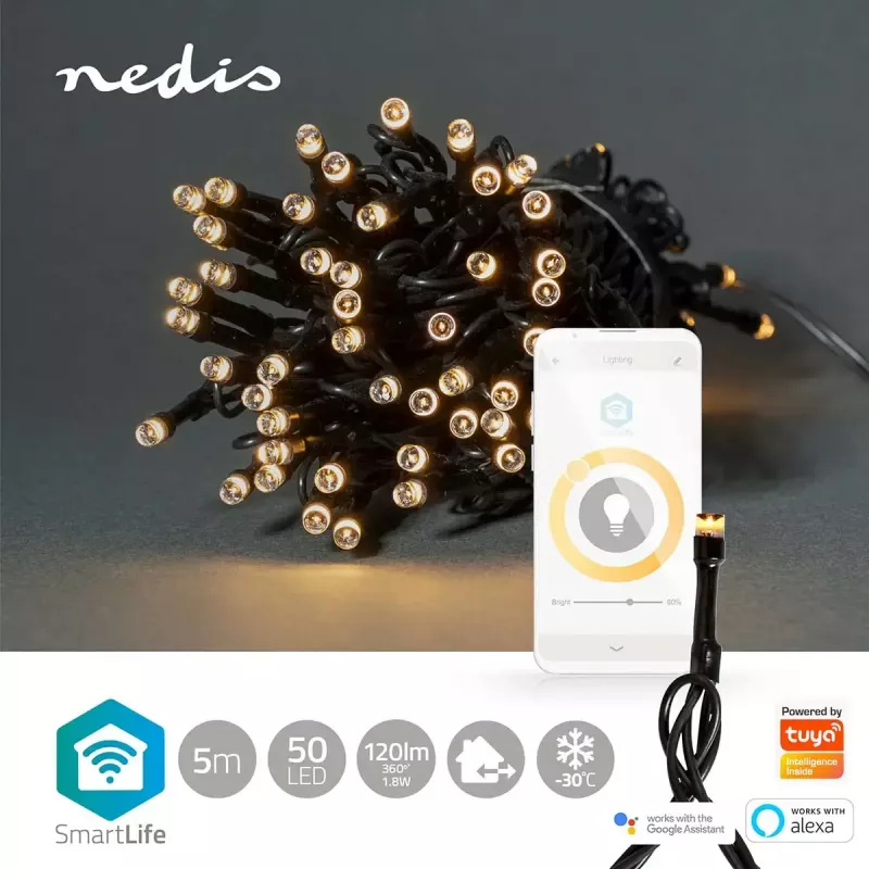 Dekoratīva gaismas virtene Nedis WIFILX01W50 — 50 LED spuldzes, 1,81 W, USB, IP65, 5 m kabelis