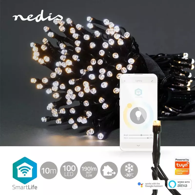 Gaismas dekoru virtene Nedis WIFILX02W100 — 100 LED, 3,21 W, 10 m kabelis, IP65, balta