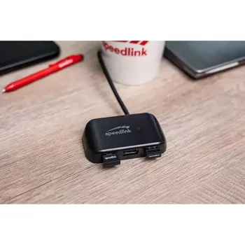 USB-C centrmezgls Speedlink SNAPPY EVO — USB 3.2 Gen 1 Type-C saimniekdators, 4 porti (Type-A + Type-C), 5 Gbps, Melns