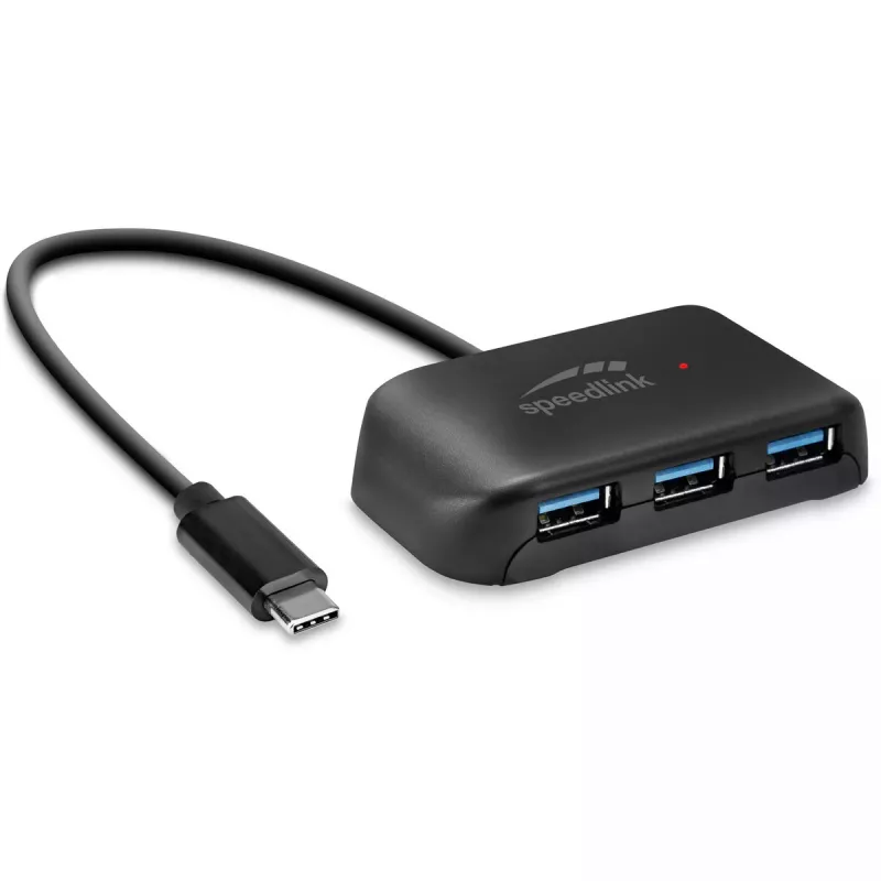 USB-C centrmezgls Speedlink SNAPPY EVO — USB 3.2 Gen 1 Type-C saimniekdators, 4 porti (Type-A + Type-C), 5 Gbps, Melns