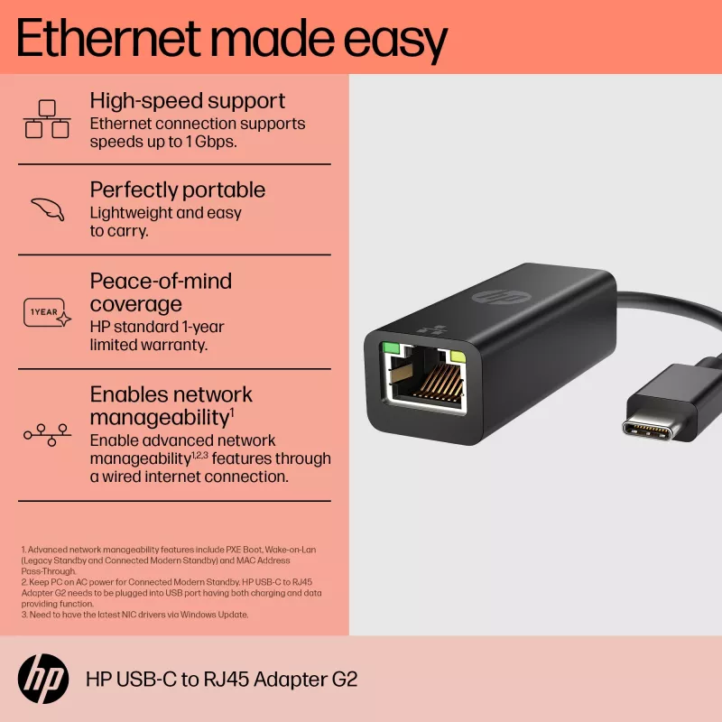 HP USB-C uz RJ45 Adapteris G2, vadu, USB Type-C, melns, Ķīna, mājām, Windows 10, Windows 11