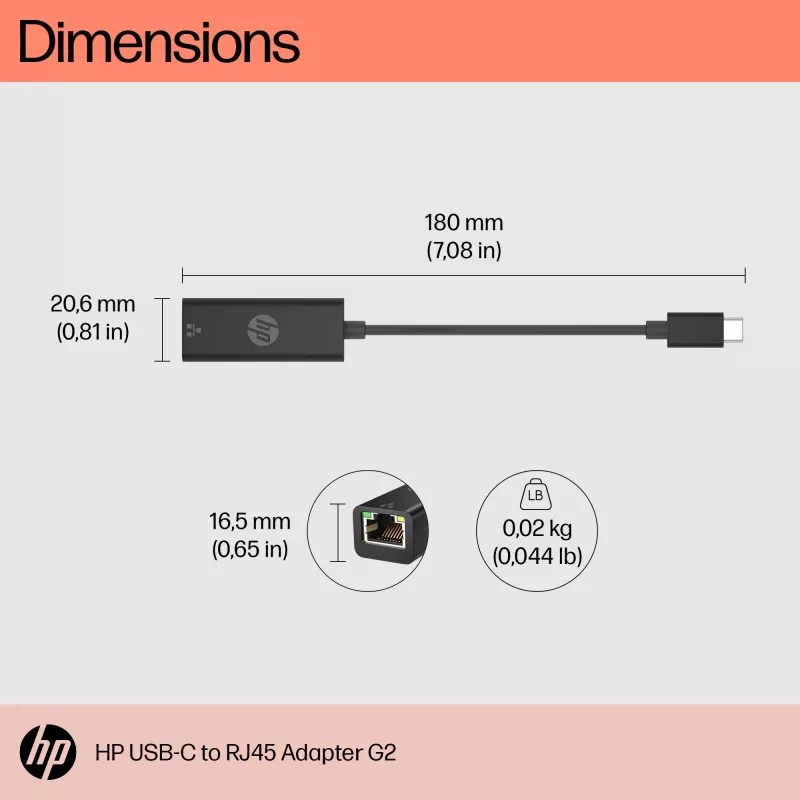 HP USB-C uz RJ45 Adapteris G2, vadu, USB Type-C, melns, Ķīna, mājām, Windows 10, Windows 11