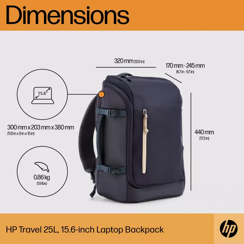 HP Travel 25 litru 15.6 zila portatīvā mugursoma Maksimālais ekrāna izmērs 39,6 cm Svars 860 g