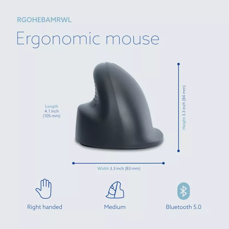 R-Go Tools Verticalā pele R-Go HE Basic, ergonomiska pele, vidēja (plaukstas izmērs ≥ 185 mm), labročiem, Bluetooth, pelēka