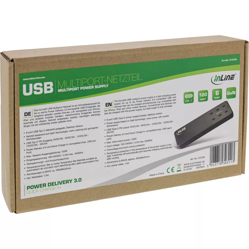 InLine Multiport barošanas bloks, lādētājs, 6x USB-C, PD 3.0, GaN, melns