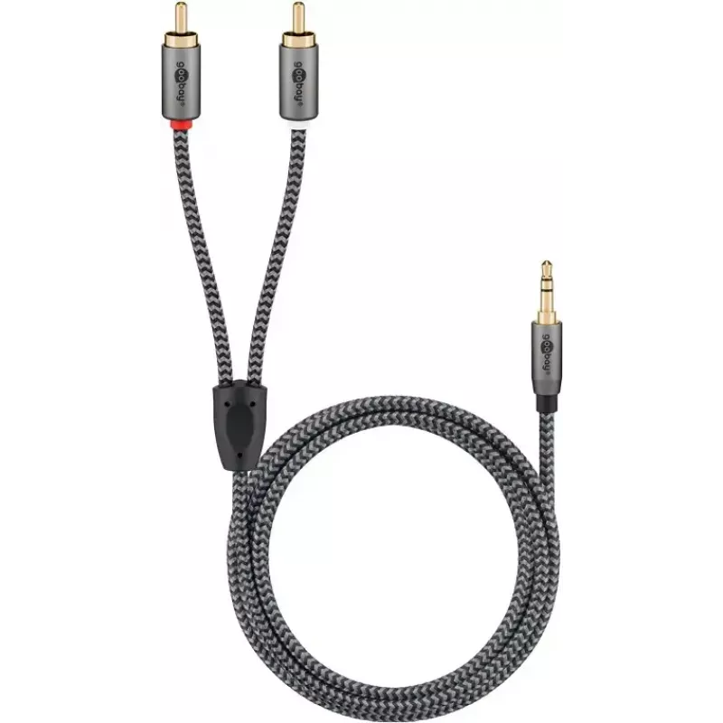 Audio kabelis WENTRONIC Goobay 65288 — 3,5 mm spraudnis uz 2×RCA spraudni, 2 m, varš, zeltīti kontakti, magnētiski ekranēts