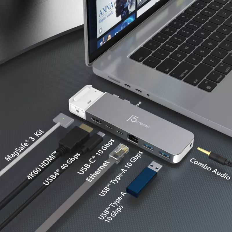 USB centrmezgls j5create JCD395 4K60 Elite Pro vadu USB4 ar MagSafe komplektu