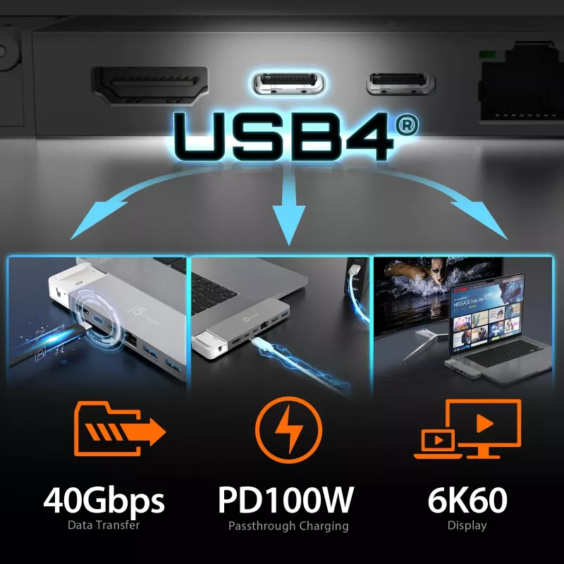 USB centrmezgls j5create JCD395 4K60 Elite Pro vadu USB4 ar MagSafe komplektu