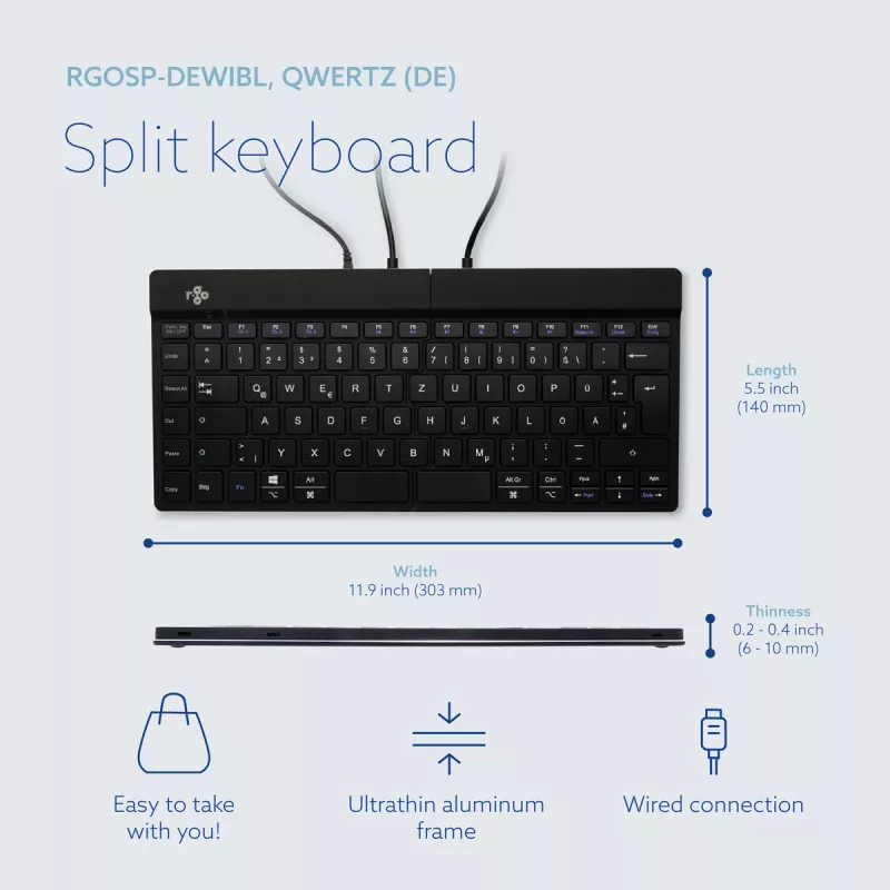 R-Go Tools ergonomiskā tastatūra R-Go Split Break v2 ar pārtraukumu programmatūru, ergonomiski sadalīta tastatūra, QWERTZ (DE), vadu savienojums, melna