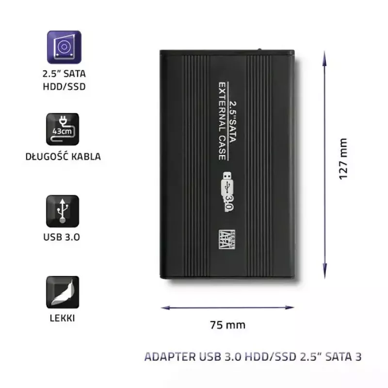 HDD/SSD korpuss QOLTEC 51861 2,5 collu SATA3 diskiem, USB 3.0, melns