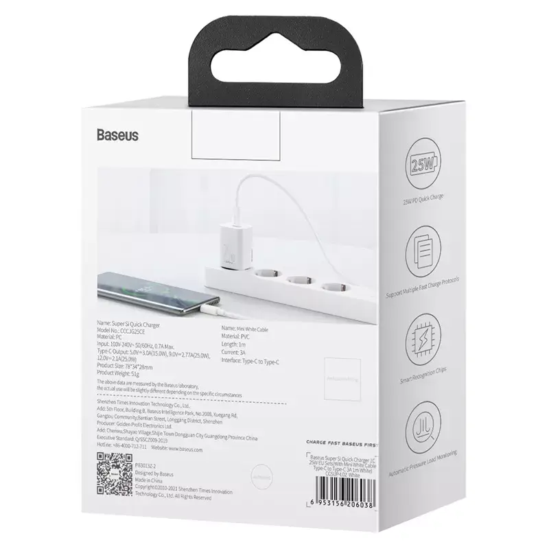 Baseus Super Si iekštelpu lādētājs balts ātrā uzlāde 12V 1xUSB-C