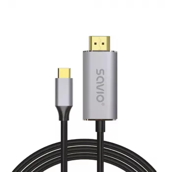 USB-C uz HDMI 2.0b kabelis SAVIO CL-171 — 2 m, USB-C vīrišķais uz HDMI Type A spraudnis, 4K 4096×2160, sudraba kabelis ar melniem un zelta galiem