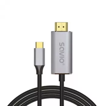 USB-C uz HDMI 2.0b kabelis SAVIO CL-171 — 2 m, USB-C vīrišķais uz HDMI Type A spraudnis, 4K 4096×2160, sudraba kabelis ar melniem un zelta galiem