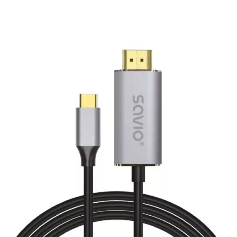USB-C uz HDMI 2.0b kabelis SAVIO CL-171 — 2 m, USB-C vīrišķais uz HDMI Type A spraudnis, 4K 4096×2160, sudraba kabelis ar melniem un zelta galiem