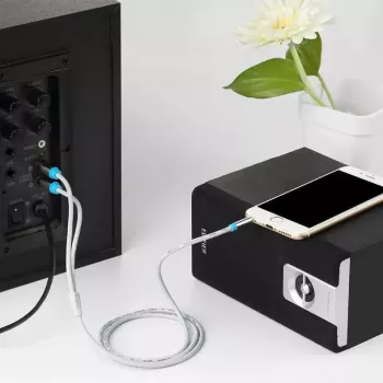Audio kabelis Vention BCFBJ 2 x RCA uz 3,5 mm mini-ligzdu, 5 m, melns, apzeltīti kontakti, PVC apvalks