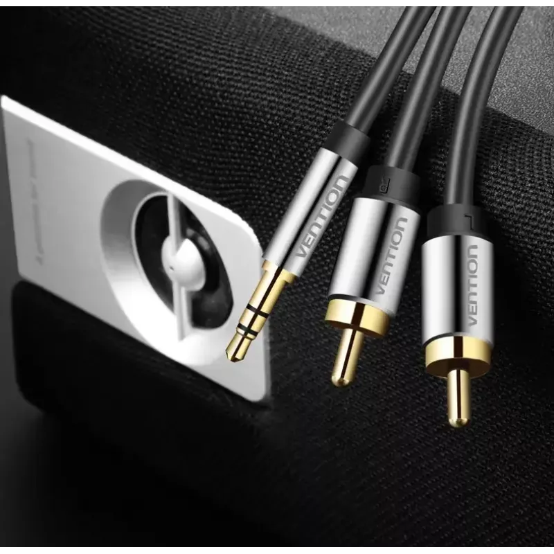Audio kabelis Vention BCFBJ 2 x RCA uz 3,5 mm mini-ligzdu, 5 m, melns, apzeltīti kontakti, PVC apvalks
