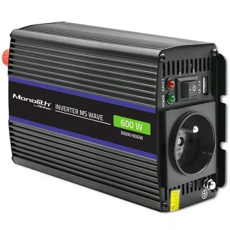 Jaudas pārveidotājs QOLTEC Monolith 600 MS Wave 12V uz 230V 600W