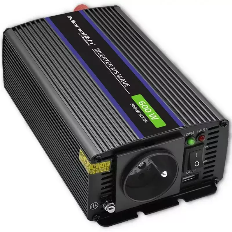 Jaudas pārveidotājs QOLTEC Monolith 600 MS Wave 12V uz 230V 600W