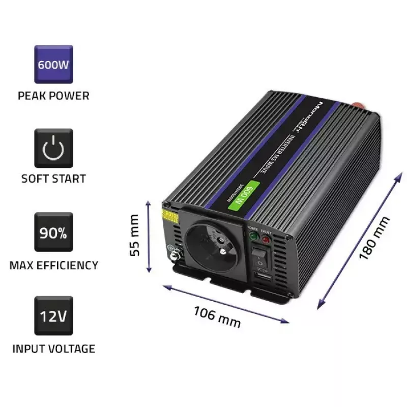 Jaudas pārveidotājs QOLTEC Monolith 600 MS Wave 12V uz 230V 600W