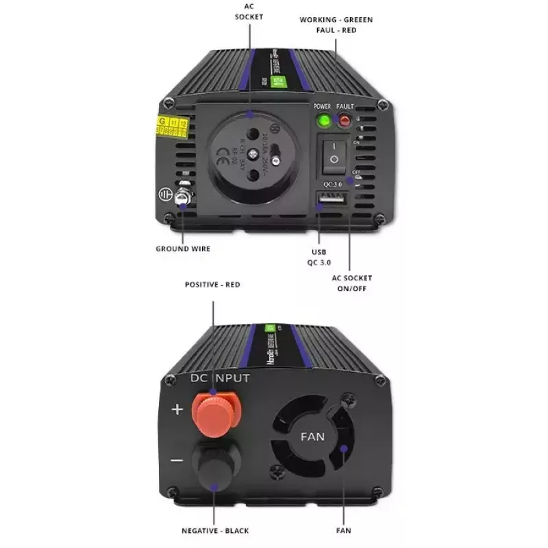 Jaudas pārveidotājs QOLTEC Monolith 600 MS Wave 12V uz 230V 600W