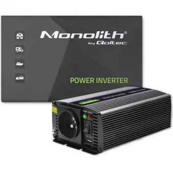 Sprieguma pārveidotājs QOLTEC Monolith 600 W — 12 V līdz 230 V, USB PD 18 W, automašīnai/iekštelpām, melns