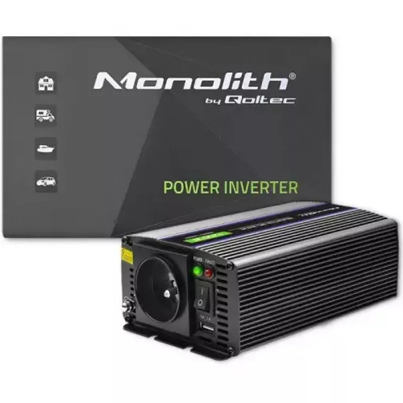 Sprieguma pārveidotājs QOLTEC Monolith 600 W — 12 V līdz 230 V, USB PD 18 W, automašīnai/iekštelpām, melns