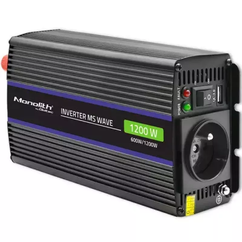 Sprieguma pārveidotājs QOLTEC Monolith 600 W — 12 V līdz 230 V, USB PD 18 W, automašīnai/iekštelpām, melns
